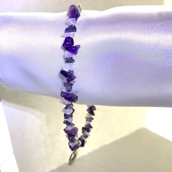 OQ# Natural Amethyst & White Agate & Sterling 925 Silver Bracelet - Picture 5 of 9